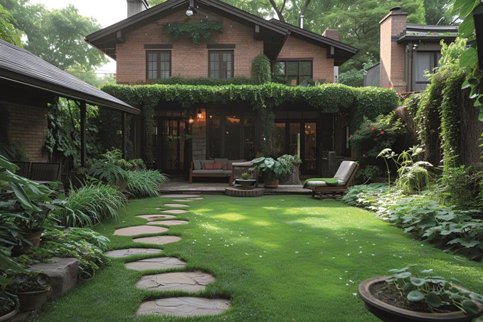 Für einen harmonischen Zusammenhang sorgen wenige ausgewählte Materialien für Bodenbelag und Steinplatten für Gartenwege.