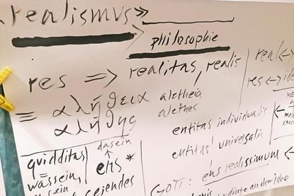 Eckdaten zur Philosophie: Plakate werden vom Kursleiter mit Pinsel gefertigt.