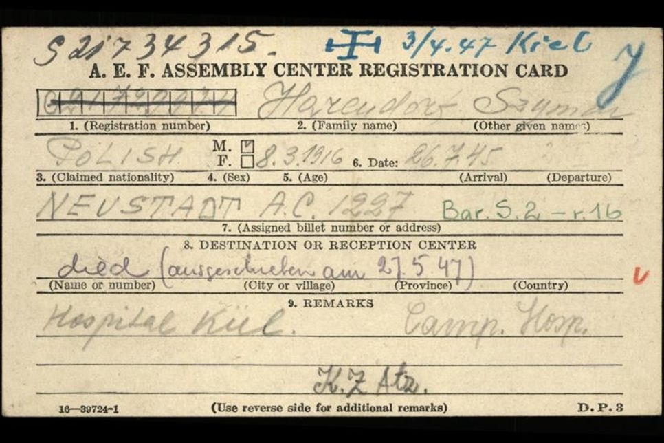 Karte aus der Bewohnerkartei des DP-Lagers Neustadt. Szymon H. aus Polen, geb. 1916, überlebte die Haft im Konzentrationslager und gelangte am 26. Juli 1945 nach Neustadt, verstarb allerdings 1947 im Alter von 31 Jahren in einem Lagerhospital in Kiel. (Bildquelle: Arolsen Archives / Stadtarchiv Neustadt in Holstein)