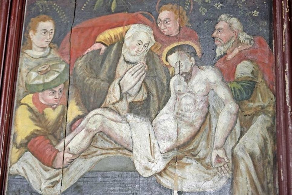 Die obere der doppelten Bildreihen zeigt in den südlichen Logen das Leben Jesu bis hin zur Kreuzigung und Auferstehung.