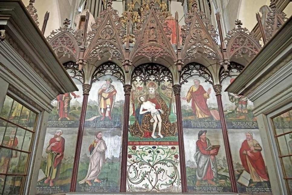 Die zur Orgelempore nach Westen weisenden Bildtafeln zeigen die Propheten und Apostel sowie die heilige Dreifaltigkeit an prominenter Stelle in der Mitte. Letztere Darstellung zählt zu den wenigen erhaltenen gotischen Malereien. Die Bilderbibel enthält in ihren untersten Farbschichten ein komplett gotisches Werk, wie der Bibelzyklus an der einen oder anderen Abriebstelle aufzeigt.