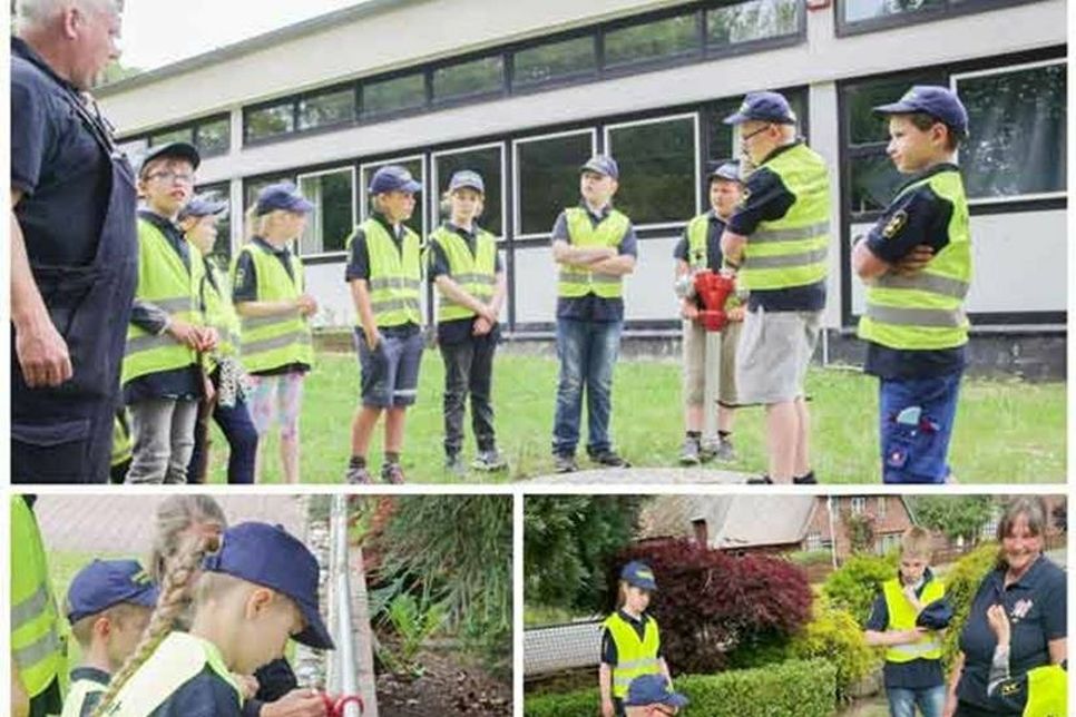 Die Kinder zeigten, was sie gelernt hatten. Oben: Ein Standrohr setzen; unten links: An einem Zaun mit einem Seil eine Schleife binden; daneben als Element der Ersten Hilfe: Die stabile Seitenlage praktisch vorführen.