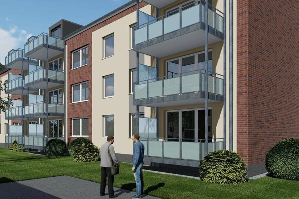 Gut zu sehen: Die Balkone auf der Rückseite werden komplett erneuert und auch die neuen Dachgeschosswohnungen werden mit den großzügigen Balkonen ausgestattet. (Quelle Baugenossenschaft)