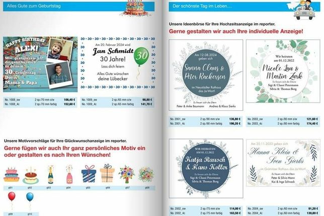 Die Ideenbörse im Flyer für Familienanzeigen gibt viele Vorschläge für die Gestaltung von Anzeigen.