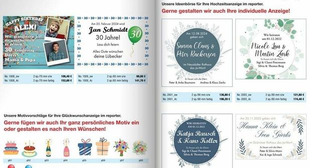 Die Ideenbörse im Flyer für Familienanzeigen gibt viele Vorschläge für die Gestaltung von Anzeigen.