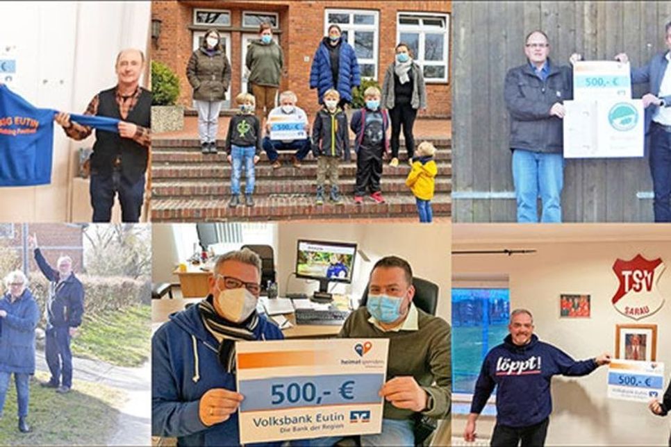 Die glücklichen Vereine in der Region: BSG Eutin „Walking Fußball“, Schulverein der Grundschule Malente, TSV Dörfergemeinschaft, Dorfschaft Hutzfeld, Kiwanis-Club Ahrensbök, TSV Sarau (v.o.l.n.u.r.) und Erlebnis Natur „Rehkitzrettung“ e.V. (nicht auf dem Foto).