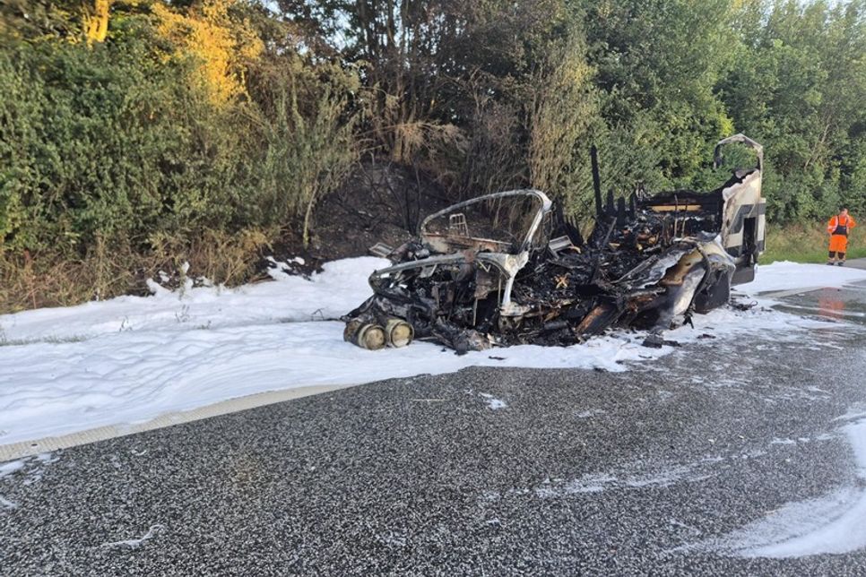 Der Fahrer konnte das Wohnmobil noch auf den Seitenstreifen lenken, bevor das Fahrzeug vollständig ausbrannte.