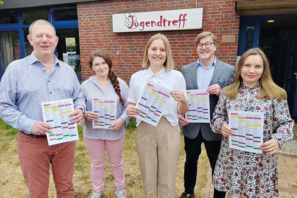 Das Team des Jugendtreffs ist wieder komplett: Torsten Singelmann (links), Ann-Cathrin Knoop (Mitte) und Tatiana Pourkian (rechts) freuen sich mit der neuen Fachdienstleiterin Sandra Gerds (2.v.li.) und Bürgermeister Sven Partheil-Böhnke über die angebotenen Aktionen im Sommerferienpass 2023.