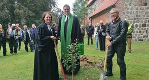 Christine Halisch, Matthias R. Hieber und Michael Meininghaus pflanzten vor der Ausfahrt einen Korbinian-Apfelbaum. (Foto: reporter Eutin/Malente, Astrid Jabs)
