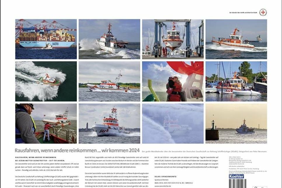 Rücktitel des Wandkalenders „… wir kommen 2024“ über Schiffe und Arbeit der Seenotretter