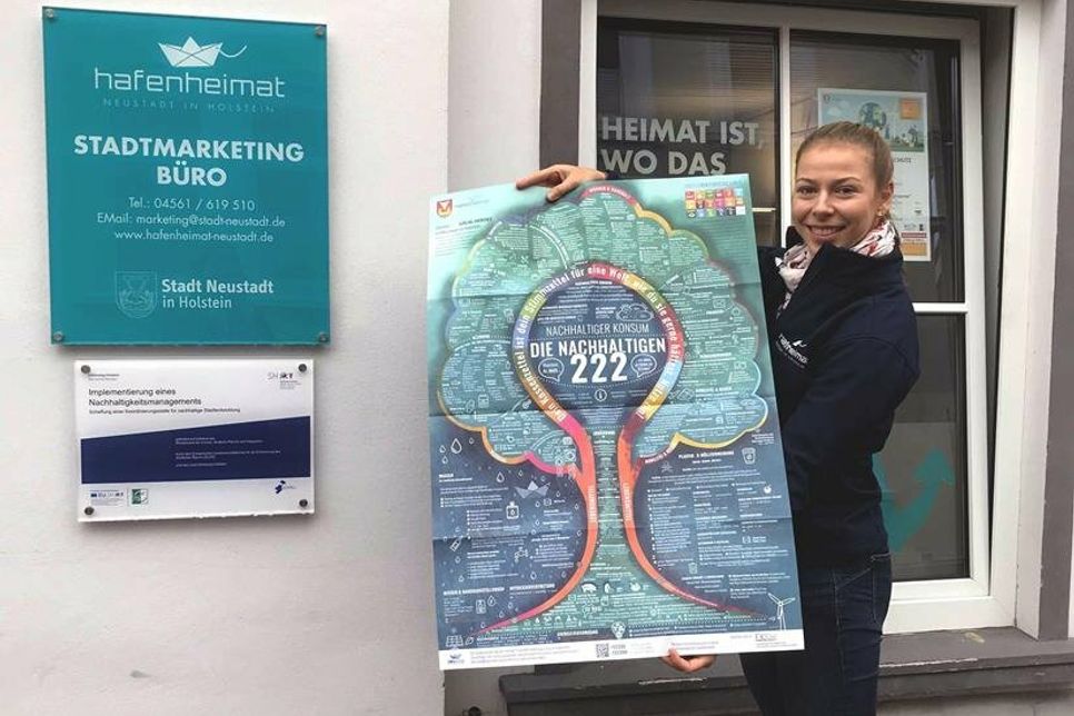 Nachhaltigkeitsmanagerin der Stadt Lina Sophie Koop präsentiert das Plakat. (Foto: Stadtmarketing)