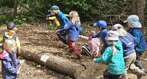 Die „Wanderratten“, Naturgruppe des Mönkeberger Gemeindekindergartens, haben den Erlebniswald auf dem Stangenberg längst für ihre Ausflüge entdeckt.