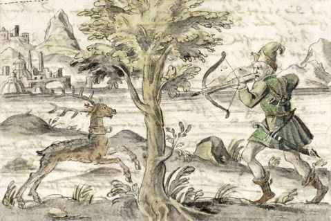 Dieses Bild aus dem 17. Jahrhundert zeigt Herzog Heinrich der Löwe, der einen Hirsch mit goldenem Kreuz im Geweih erschießt. Ähnlich wie beim Kloster in Preetz soll diese Legende den Bau des Lübecker Doms erklären. Quelle: Illustration aus der „Lübecker Chronik“ von Heinrich Rehbein (um 1619), Wikimedia Commons