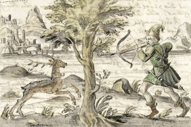 Dieses Bild aus dem 17. Jahrhundert zeigt Herzog Heinrich der Löwe, der einen Hirsch mit goldenem Kreuz im Geweih erschießt. Ähnlich wie beim Kloster in Preetz soll diese Legende den Bau des Lübecker Doms erklären. Quelle: Illustration aus der „Lübecker Chronik“ von Heinrich Rehbein (um 1619), Wikimedia Commons