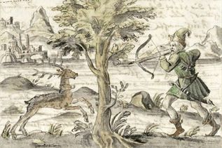 Dieses Bild aus dem 17. Jahrhundert zeigt Herzog Heinrich der Löwe, der einen Hirsch mit goldenem Kreuz im Geweih erschießt. Ähnlich wie beim Kloster in Preetz soll diese Legende den Bau des Lübecker Doms erklären. Quelle: Illustration aus der „Lübecker Chronik“ von Heinrich Rehbein (um 1619), Wikimedia Commons