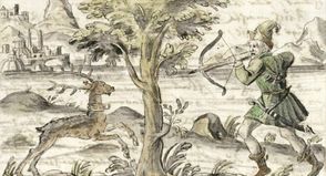 Dieses Bild aus dem 17. Jahrhundert zeigt Herzog Heinrich der Löwe, der einen Hirsch mit goldenem Kreuz im Geweih erschießt. Ähnlich wie beim Kloster in Preetz soll diese Legende den Bau des Lübecker Doms erklären. Quelle: Illustration aus der „Lübecker Chronik“ von Heinrich Rehbein (um 1619), Wikimedia Commons