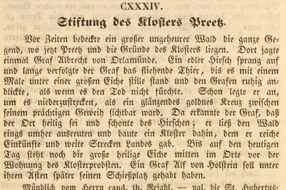 Das ist die Legende zur Stiftung des Kloster Preetz, die Karl Müllenhoff 1845 veröffentlicht hat. Sie findet sich im Buch „Sagen, Märchen und Lieder der Herzogthümer Schleswig, Holstein und Lauenburg“.