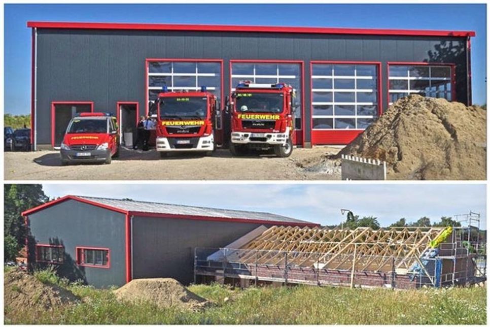 Da wo vorher am Ortsrand ein Acker war, feiern Kreuzfelder Feuerwehrleute das neue Gerätehaus mit einem zünftigen Richtfest.
