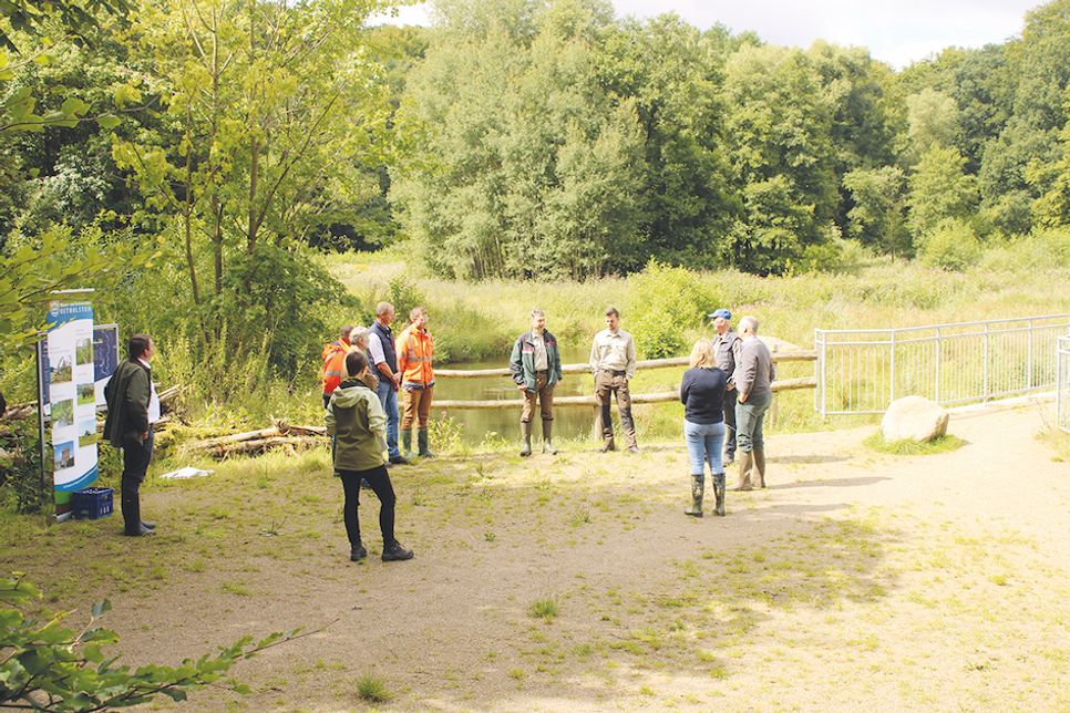 An der idyllisch im Erholungswald Riesebusch gelegenen Aubrücke zwischen Ratekau und Groß Parin nahmen sich die Teilnehmer des Vor-Ort-Termins viel Zeit, über die Auswirkungen des Auenprojektes auf das Aktionsprogramm Ostseeschutz 2030 zu sprechen.