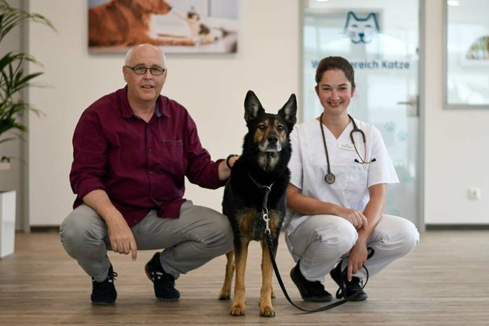 Klinikleitung Dr. Herbert Lüttgenau, Hund Lex und Tierärztin Sophie Heitkamp (v. lks.).
