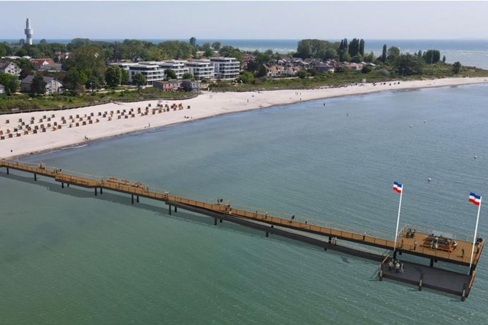 So soll die neue Seebrücke in Pelzerhaken aussehen mit barrierefrei zugänglichem Bootsanleger, vielen kleinen Ausbuchtungen zum Verweilen und einem Brückenkopf mit windgeschützten Sitzmöglichkeiten. (Foto: Stadt Neustadt/KSK Ingenieure/Ingenieurbüro Mohn)