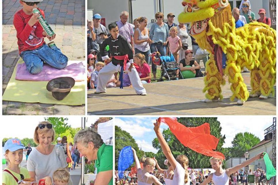 Wie einen bunten Bilderbogen erlebten Zehntausende Besucher, große und kleine, das Fest. „Es waren erstaunlich viele neue Mitmacher dabei“, lobte Bürgervorsteher Dieter Holst, und meinte   dabei auch den kleinen Musikanten (o.r.), den Drachenkämpfer, die Grönlüüd (hier mit Lilly und Fynn beim Kräuter-Säen) und die Nachwuchstänzerinnen der Ballettschule Eutin.