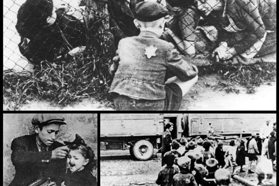 Heimlich aufgenommene Fotos aus dem Ghetto Lodz. Bild oben: Eine Frau und ihre Kinder nehmen Abschied von einem Jungen, der deportiert werden soll. - Unten l.: Viele Kinder erhielten nur zweimal am Tag eine wässrige Suppe. - U.r.: Die deutschen Besatzer ordneten im Herbst 1942 an, ihnen die Kinder des Ghettos und alte Menschen auszuliefern; viele wurden nach Kulmhof (Chelmno nad Nerem) gebracht und dort ermordet.