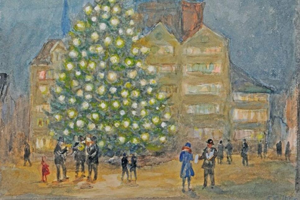 Winter in Weiss: Winterlandschaften in Norddeutschland zeigt derzeit das Künstlermuseum in Heikendorf. Unter anderem dieses Bild von Ernst Eitner, es heißt Kieler Weihnachtsmarkt und stammt aus dem Jahr 1935 (Aquarell, Schleswig-Holsteinische Landesbibliothek.