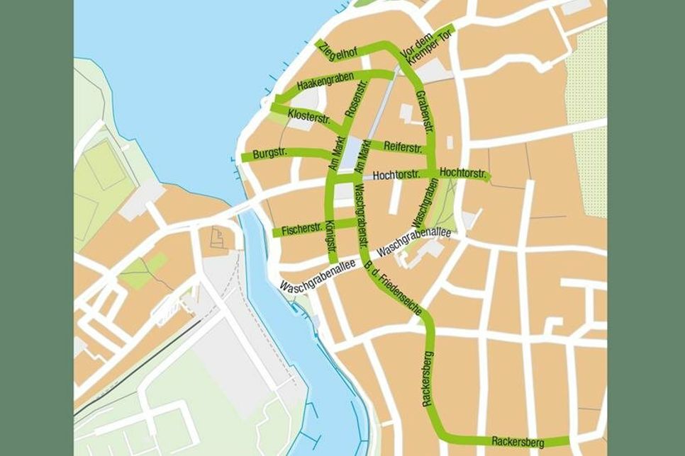 Die grün markierten Straßen werden zu neuen 30er-Zonen.