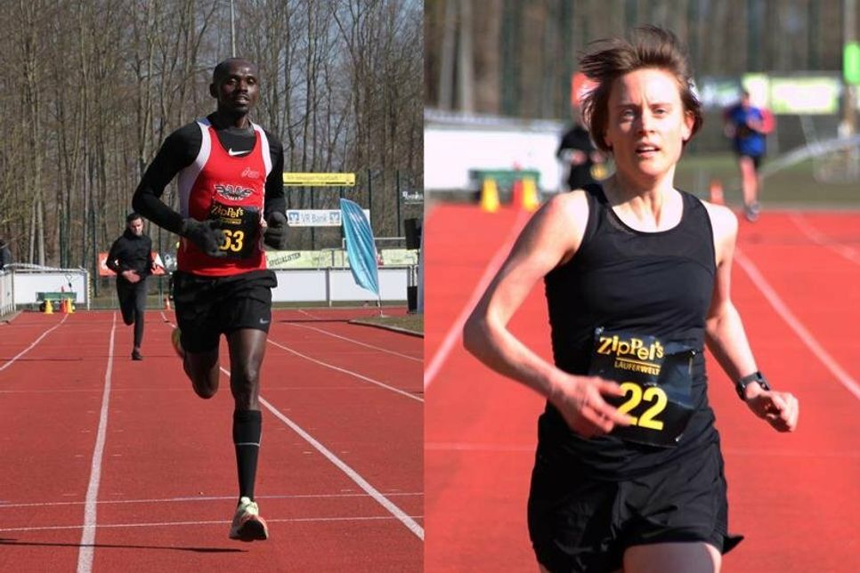Die Sieger der 10-Kilomerter-Strecke beim Zieleinlauf sind Paul Muluve und Lena Geffken.
