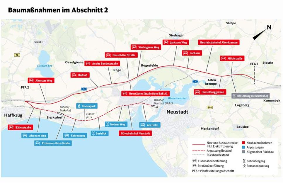 Die Baumaßnahmen entlang des geplanten Streckenverlaufs der Schienenanbindung der Fehmarnbeltquerung im Abschnitt Neustadt – Sierksdorf – Altenkrempe.