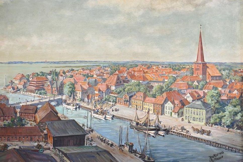 Auch historische Stadtansichten sind zu sehen, wie zum Beispiel diese „Ansicht des Neustädter Hafens“ von Georg Hoffmann , eine Leihgabe der J.H. Koch Werkstätten.