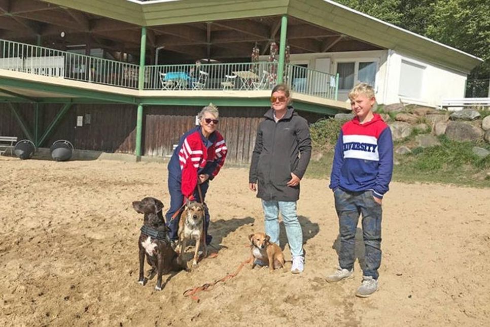 Freuen sich über den tierischen Badespaß im Strandbad am Dieksee: Evelyn Lüth, Anna-Lena Lüth und Tyson Brixner mit ihren Hunden Timmi, Silly und Bosko.