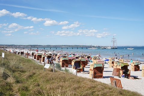 Sommer, Sonne, Ostseebrise: Zahlreiche Strandkörbe säumen den feinsandigen Strand von Scharbeutz.