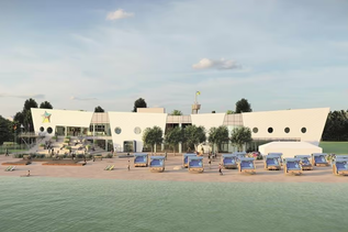 Die Strandansicht des neuen Gästezentrums erinnert an einen Schiffsrumpf und ist in den Ausmaßen nur geringfügig größer als die jetzigen Bauten.