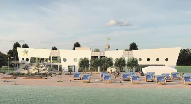 Die Strandansicht des neuen Gästezentrums erinnert an einen Schiffsrumpf und ist in den Ausmaßen nur geringfügig größer als die jetzigen Bauten.