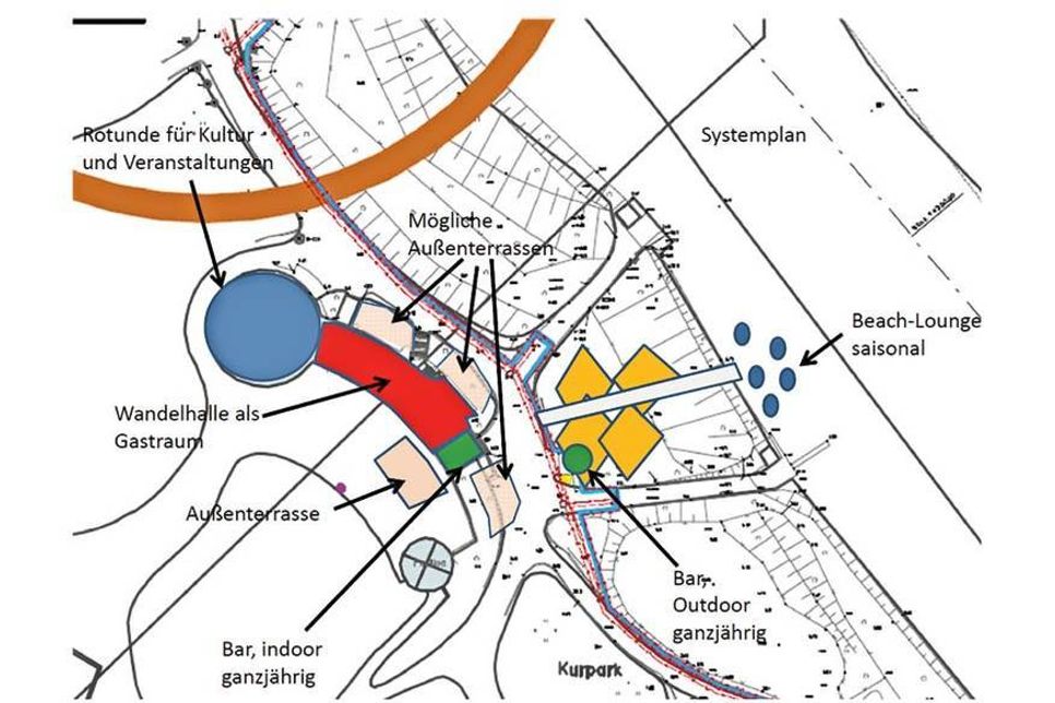 Erste Pläne für eine Gastronomie in der Trinkkurhalle mit entsprechenden Außenplätzen. (Ideenskizze: Kurbetrieb/Gemeinde Timmendorfer Strand)