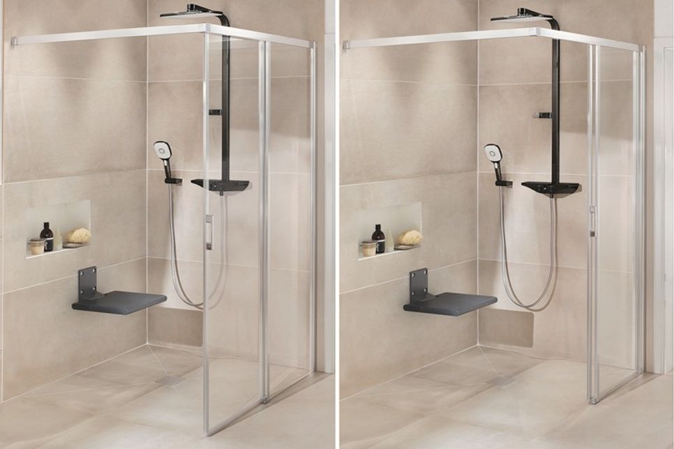 Auch Gleittüren – wie hier aus der Serie Liga - eignen sich ideal für die barrierefreie Badgestaltung. Die Walk-In-Variante ist offen, schwellenlos und bietet mit einem Innenmaß von 1,20 x 1,20 m genügend Bewegungsfreiheit, etwa für die Nutzung mit einer Gehhilfe.