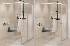 Auch Gleittüren – wie hier aus der Serie Liga - eignen sich ideal für die barrierefreie Badgestaltung. Die Walk-In-Variante ist offen, schwellenlos und bietet mit einem Innenmaß von 1,20 x 1,20 m genügend Bewegungsfreiheit, etwa für die Nutzung mit einer Gehhilfe.