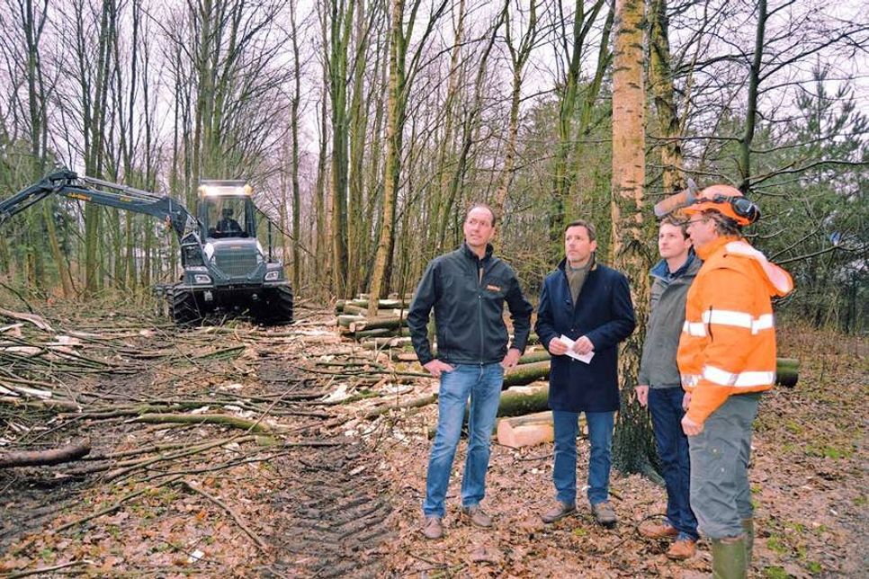 Christopher Rudloff (v.l.), Firmenchef von Rudloff Feldsaaten, Ratekaus Bürgermeister Thomas Keller, Umweltamtsleiter Torben Illige und Revierförster Karsten Tybussek machen sich ein Bild von den Rodungsarbeiten, die heute schon abgeschlossen sein sollen.