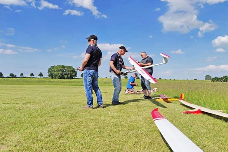 Modellflugpiloten auf der grünen Wiese