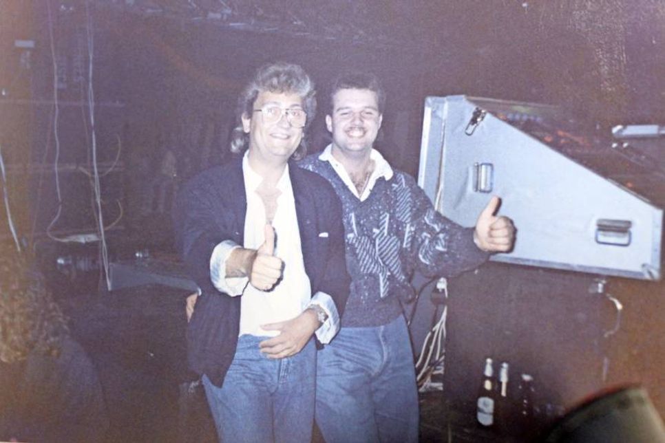 Auftritt mit R.SH-Moderator Uwe Arkuszewski (lks.) 1989 in Heiligenhafen.