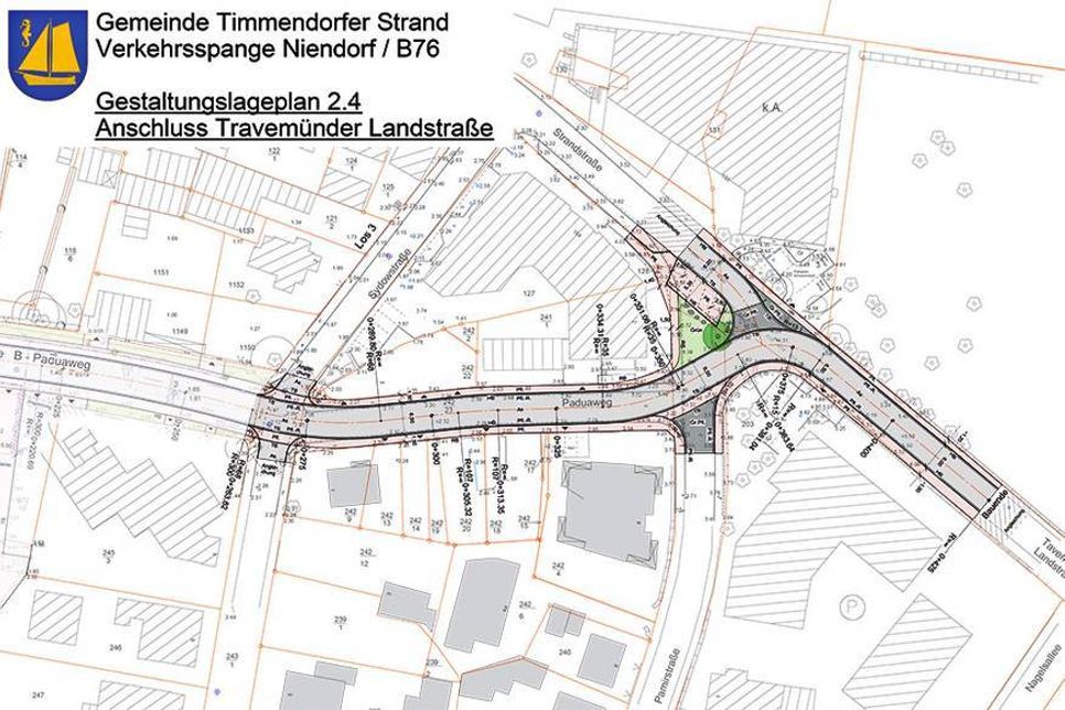 Skizze Gestaltungslageplan - Anschluss Travemünder Landstraße: So soll in Zukunft der Verkehr in Niendorf fließen. (Skizze: Gemeinde Timmendorfer Strand)