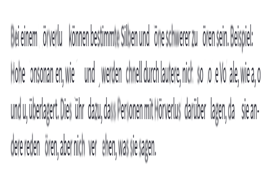 Dieses Textbild verdeutlicht die Wirkung eines mittleren Hörverlustes. Besonders Gespräche in Gesellschaft, längere Unterhaltungen unter Freunden, der Fernsehabend mit dem Partner und langsam auch die ganz alltägliche Kommunikation werden schleichend zur großen Herausforderung.