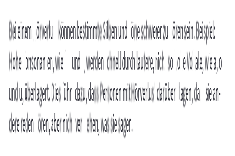 Dieses Textbild verdeutlicht die Wirkung eines mittleren Hörverlustes. Besonders Gespräche in Gesellschaft, längere Unterhaltungen unter Freunden, der Fernsehabend mit dem Partner und langsam auch die ganz alltägliche Kommunikation werden schleichend zur großen Herausforderung.