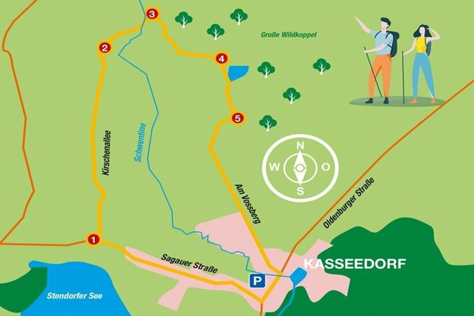 Die kleine Wanderung erstreckt sich über eine Länge von 5,6 Kilometern und beginnt am Dorfplatz, Ecke Sagauer Straße.