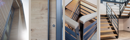 Holzfenster, moderne Haustüren, Stahltreppen und Loftelemente.