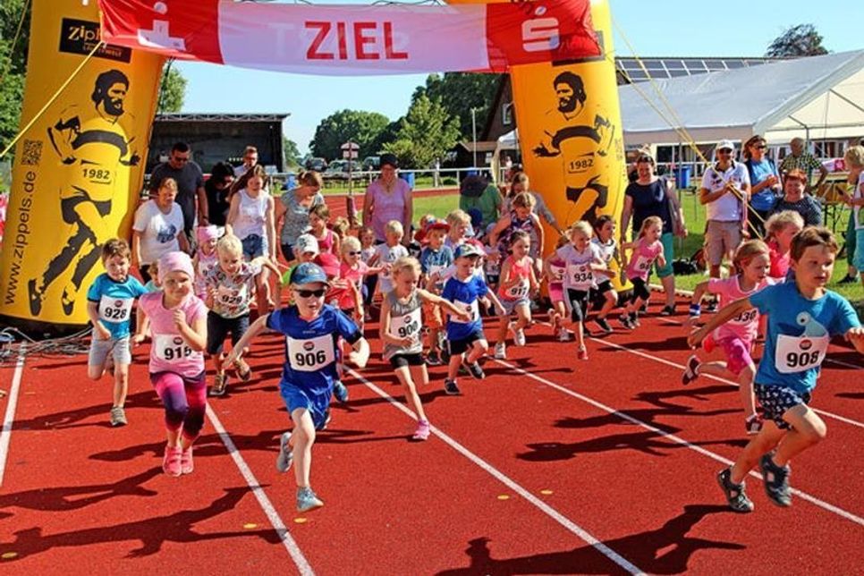 Die Bambinis starten auf dem Schönberger Sportplatz zum 400 m Schnupperlauf. Dabei erwiesen sich die jüngsten Läufer als kleine Wirbelwinde.