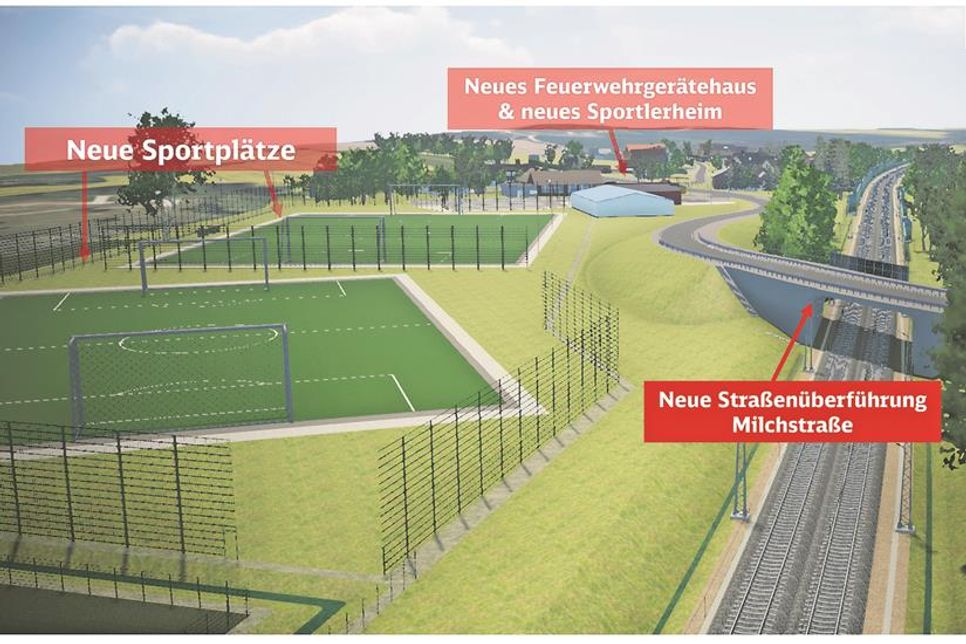 Die Grafik der Deutschen Bahn zeigt den geplanten Verlauf der Milchstraße über die Gleise sowie die Standorte der neuen Sportplätze, des Sportlerheims und des Feuerwehrgerätehauses, das in unmittelbarer Nähe zur Kita vorgesehen ist.