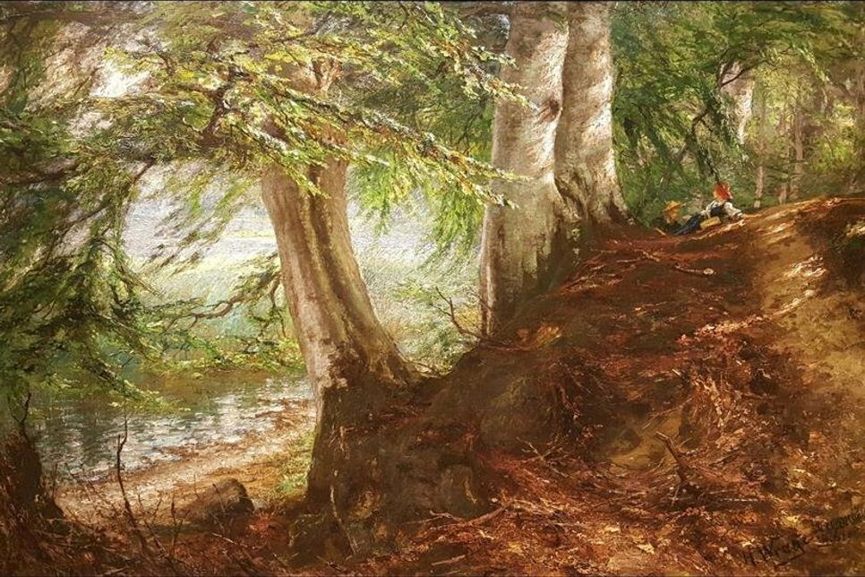 Hinrich Wrage, Buchenwald am Dieksee (Rast am Walde), um 1890, Öl auf Leinwand.